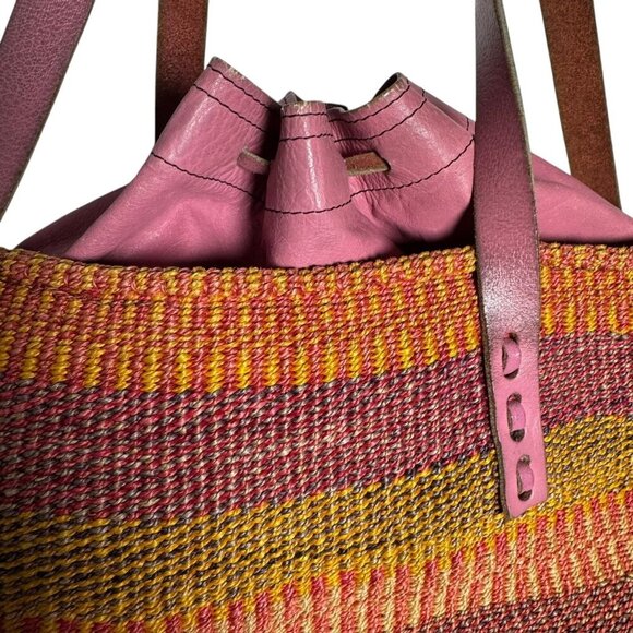 Vintage Woven Sisal Market Basket Tote Bag Leather Drawstring Closure Raffia - Picture 6 of 16